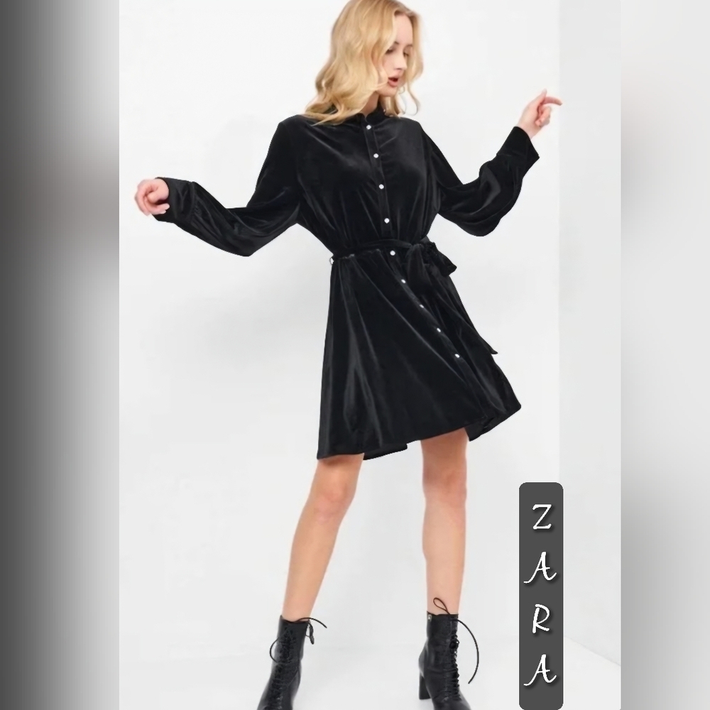 Zara Black Velvet Black Dress Size XS NWT
